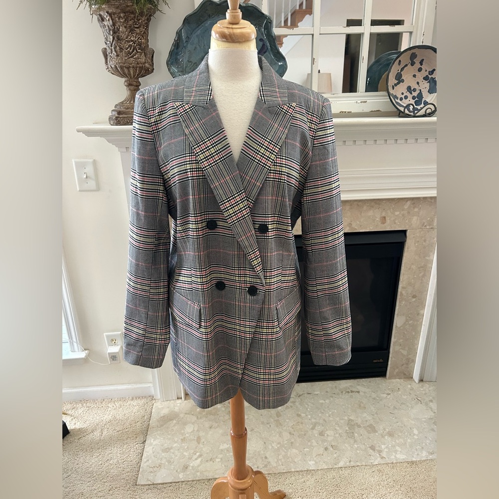 LOFT Black and White Houndstooth Blazer with Red Accents